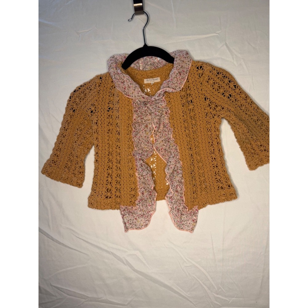 Blu Pony Vintage‎ cottage core open crochet cardigan w/floral chiffon trim sz 5